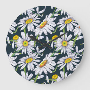 Grande Horloge Ronde Fleurs chamomiles : Aquarelle bleu foncé.