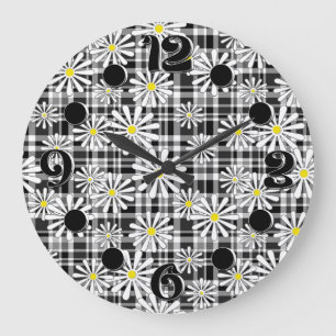 Grande Horloge Ronde Fleurs chamomiques blanches sur à damiers noir bla