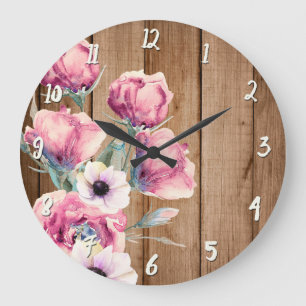 Grande Horloge Ronde Fleurs Champêtres Bois de Grange Rustique