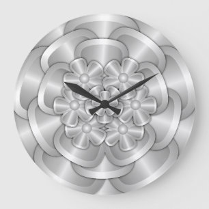 Grande Horloge Ronde Fleurs Chrome - Argent