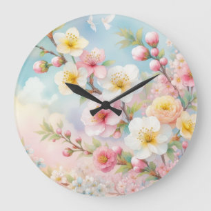 Grande Horloge Ronde Fleurs colorées dans des couleurs pastel doux aqua