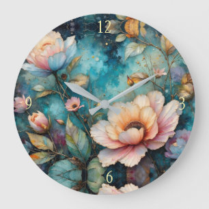 Grande Horloge Ronde Fleurs colorées feuilles et ciel