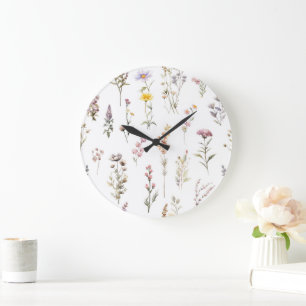 Grande Horloge Ronde Fleurs colorées, Fleurs sauvages, Fleurs de Jardin