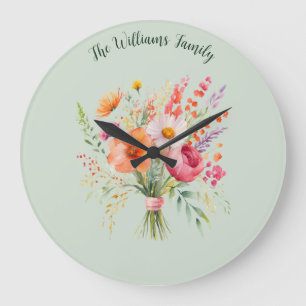 Grande Horloge Ronde Fleurs Colorées Floral Rustique Joli Personnalisé