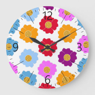 Grande Horloge Ronde Fleurs colorées motif