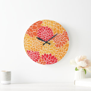 Grande Horloge Ronde Fleurs Dahlia, Motif De Fleurs, Dahlia Orange