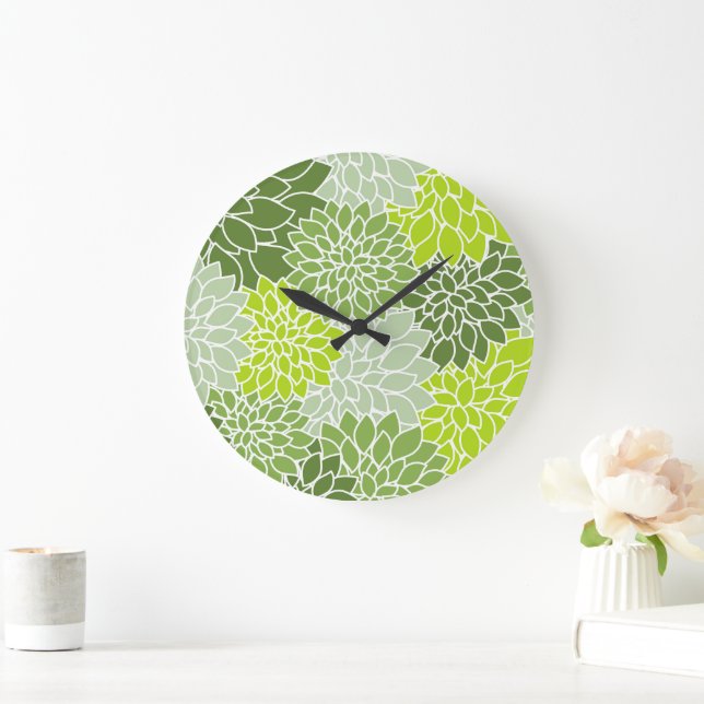 Grande Horloge Ronde Fleurs Dahlia, Motif De Fleurs, Dahlia Verte (Maison)