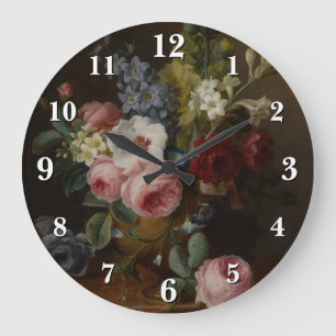 Grande Horloge Ronde Fleurs dans un vase sur une haie de marbre