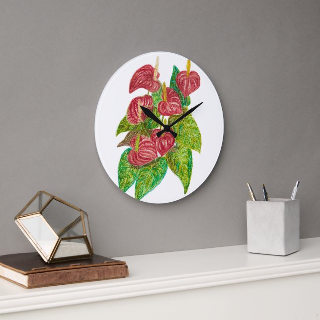 Grande Horloge Ronde fleurs d'anthurium rouge (Bureau)