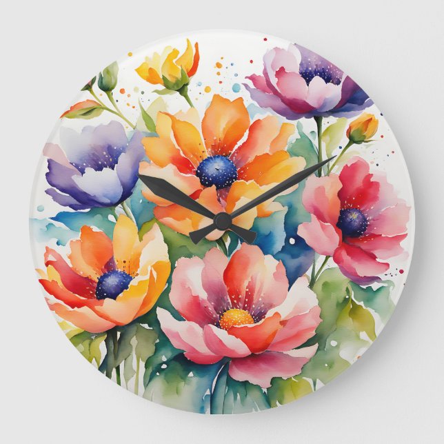 Grande Horloge Ronde Fleurs d'aquarelle en fleurs (Recto)