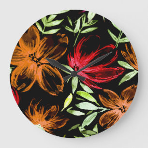 Grande Horloge Ronde Fleurs d'aquarelle rouge 6