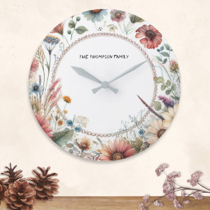Grande Horloge Ronde Fleurs d'automne Elégante Nature Florale Personnal