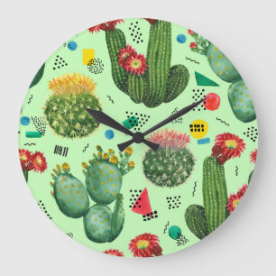 Grande Horloge Ronde Fleurs de cactus : Aquarelle Arrière - plan géomét