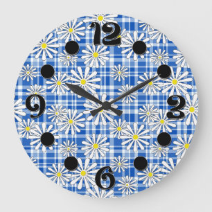 Grande Horloge Ronde Fleurs de camomille blanches sur à damiers dos ble
