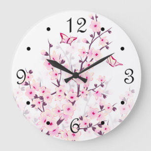 Grande Horloge Ronde Fleurs de cerisier Floral Rose Blanc Chiffres