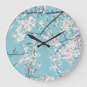 Grande Horloge Ronde Fleurs de cerisiers : tendance florale turquoise