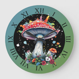Grande Horloge Ronde Fleurs de champignon Bois Planche colorée