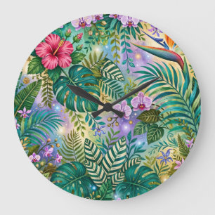 Grande Horloge Ronde Fleurs de Fantaisie Jungle Violet Vert Or Rêveur