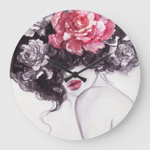 Grande Horloge Ronde Fleurs de femme, Arrière - plan d'aquarelle de mod