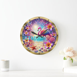 Grande Horloge Ronde Fleurs de Flamant rose de plage