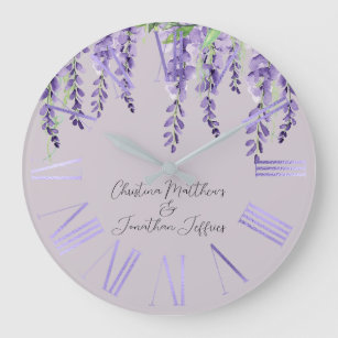 Grande Horloge Ronde Fleurs de glycine violette sur Lavande Élégante