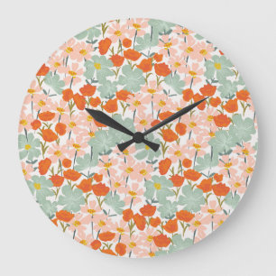 Grande Horloge Ronde Fleurs de jardin : rose, orange sans soudure