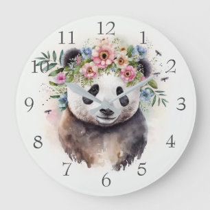 Grande Horloge Ronde Fleurs de Panda Aquarelle