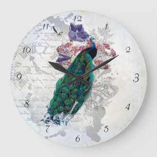 Grande Horloge Ronde Fleurs de paon Art Graphique Vintage coloré 