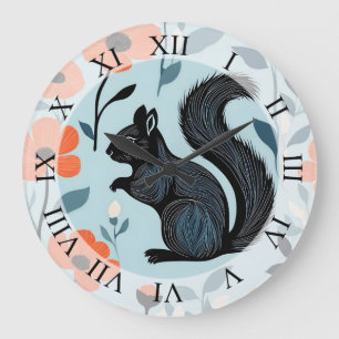 Grande Horloge Ronde Fleurs de printemps écureuil Art