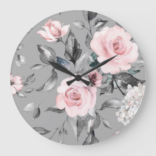 Grande Horloge Ronde Fleurs de printemps Feuille main tiré