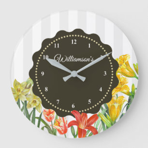 Grande Horloge Ronde Fleurs de printemps jaune orange à l'aquarelle