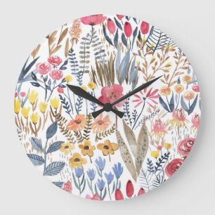 Grande Horloge Ronde Fleurs de ressort d'aquarelle, patte transparente