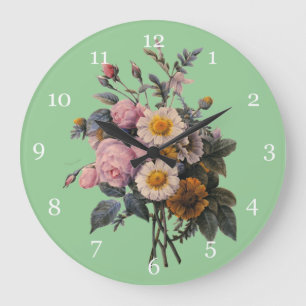 Grande Horloge Ronde fleurs de rose et de marguerite botaniques vintage