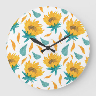 Grande Horloge Ronde Fleurs de soleil d'aquarelle : Impression botaniqu