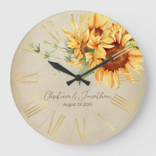 Grande Horloge Ronde Fleurs de soleil d'aquarelle sur parchemin défraîc