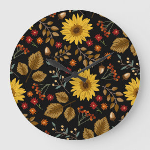 Grande Horloge Ronde Fleurs de soleil d'automne : Arrière - plan noir d