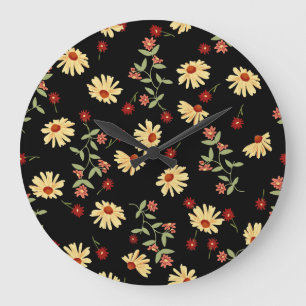 Grande Horloge Ronde Fleurs de soleil d'automne : Harmonie rouge-orange
