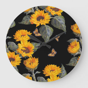 Grande Horloge Ronde Fleurs de soleil et papillons : Aquarelle Noir Bac