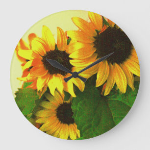 Grande Horloge Ronde Fleurs de soleil jaunes gaies florales