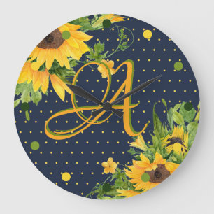 Grande Horloge Ronde Fleurs de soleil monogrammes Marine bleu jaune mod