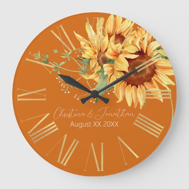 Grande Horloge Ronde Fleurs de soleil romantiques aquarelles sur orange (Recto)