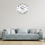 Grande Horloge Ronde Fleurs de violet de lavande mariage anniversaire<br><div class="desc">Arrière - plan blanc,  violet,  texte vert et noir. Décorée de fleurs de lavande et de verdure d'eucalyptus. Personnalisez et ajoutez vos noms et la date mariage ou anniversaire. Numéros de visage de l'horloge sous les flancs.</div>