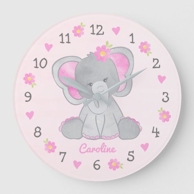 Grande Horloge Ronde Fleurs d'éléphant rose Grey Nom Fille Nursery (Recto)