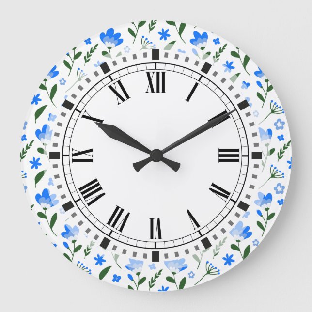 Grande Horloge Ronde Fleurs d'été bleu et blanc Cuisine rétro (Recto)