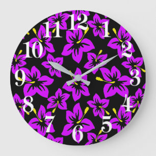 Grande Horloge Ronde Fleurs d'hibiscus hawaïens violets tropicaux