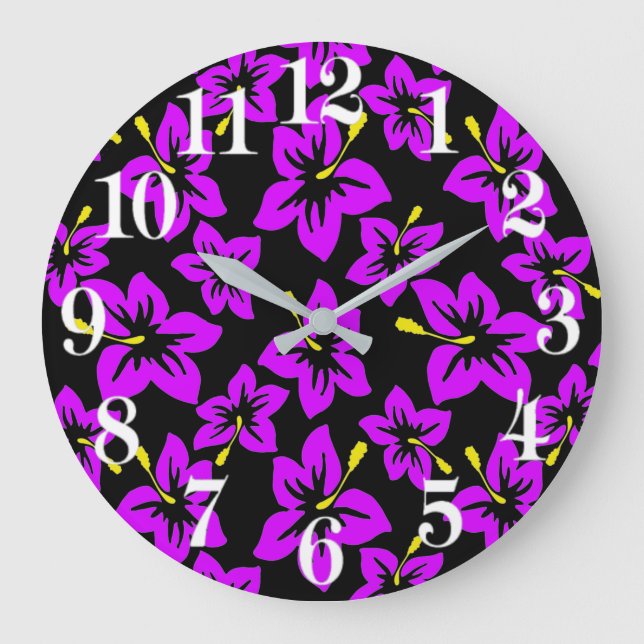 Grande Horloge Ronde Fleurs d'hibiscus hawaïens violets tropicaux (Recto)