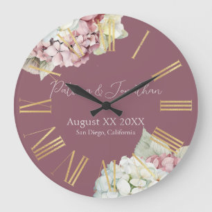 Grande Horloge Ronde Fleurs d'hortensia à l'aquarelle rose et blanc sur