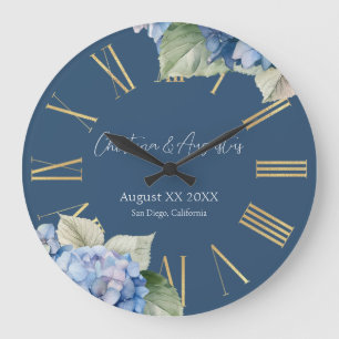 Grande Horloge Ronde Fleurs d'hortensia aquarelle bleue romantique sur