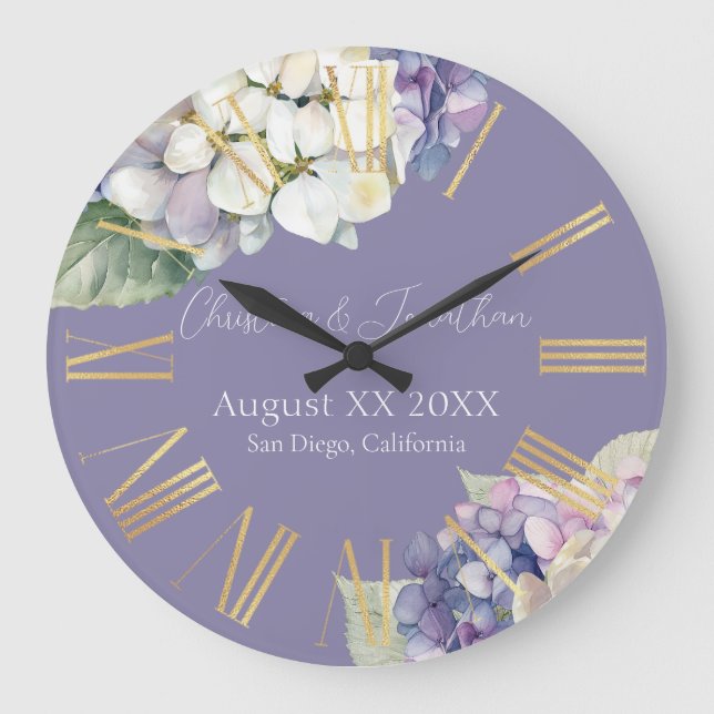 Grande Horloge Ronde Fleurs d'hortensia violettes et blanches sur lavan (Recto)