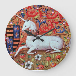 GRANDE HORLOGE RONDE FLEURS D'IMAGINAIRES UNICORNES ET MÉDIÉVAUX, MOTIF